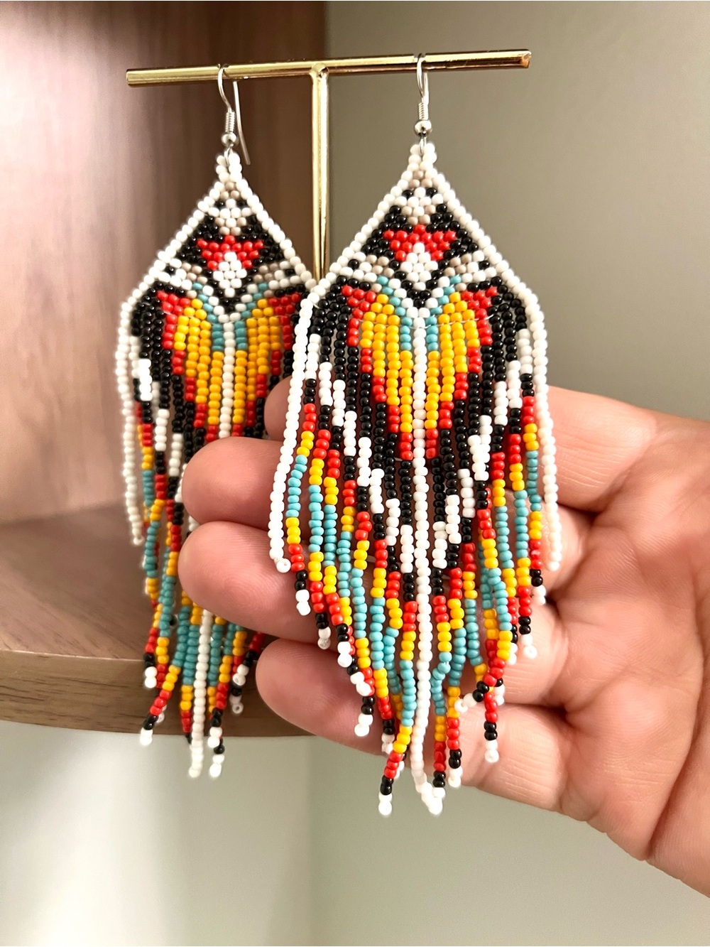 Multicolor Tribal Beaded Fringe Earrings - Yellow, Turquoise & Red
